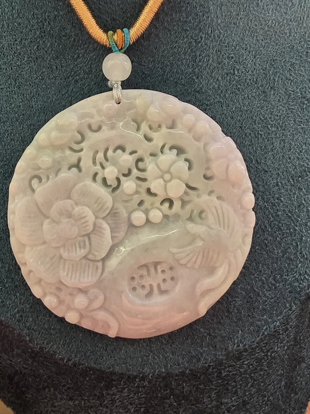 Jade Pale Green Carved Floral Round Pendant Necklace with Silver Cord